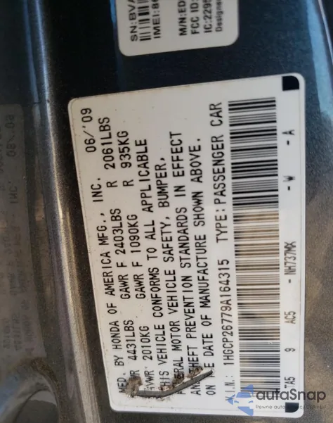 2009 Honda Accord Ex z USA, uszkodzony, nr VIN 1HGCP26779A164315